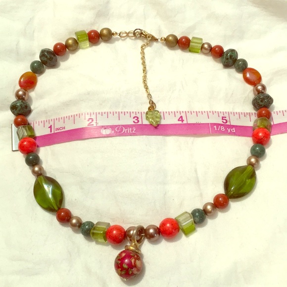 Handmade earth tone ORIGINAL OOAK glass bead adjustable green red Necklace retro - Picture 6 of 16